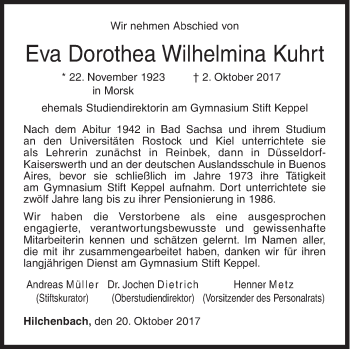 Traueranzeige von Dorothea Wilhelmina Kuhrt von Siegener Zeitung