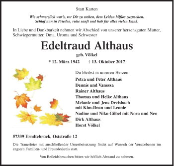 Traueranzeige von Edeltraud Althaus von Siegener Zeitung