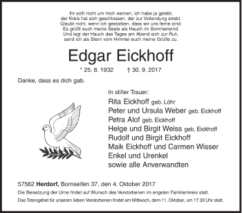 Traueranzeige von Edgar Eickhoff von Siegener Zeitung