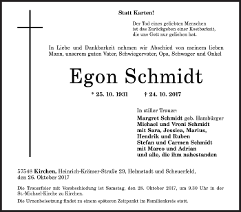 Traueranzeige von Egon Schmidt von Siegener Zeitung