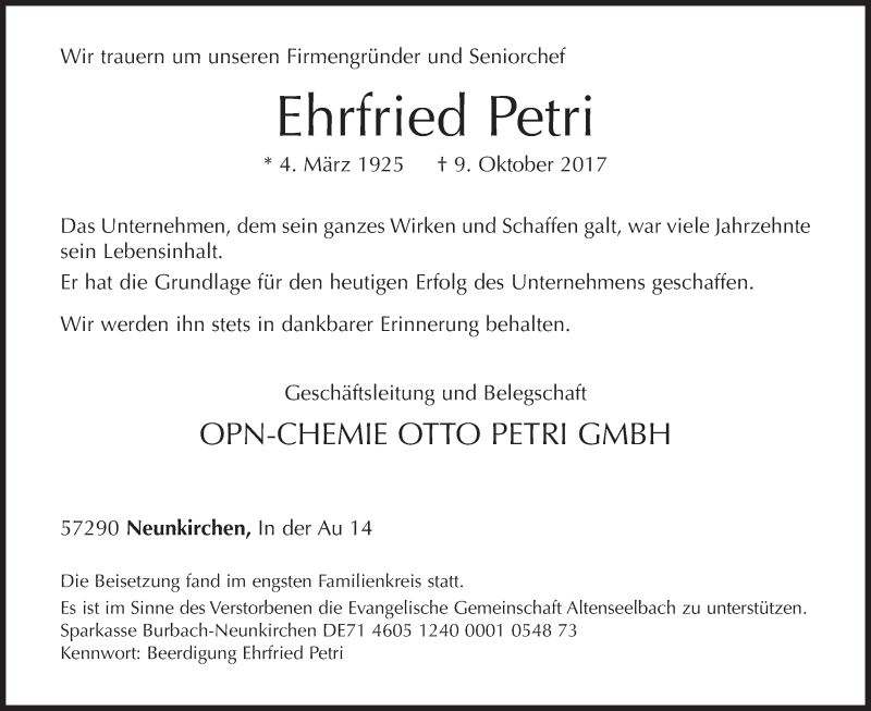  Traueranzeige für Ehrfried Petri vom 14.10.2017 aus Siegener Zeitung