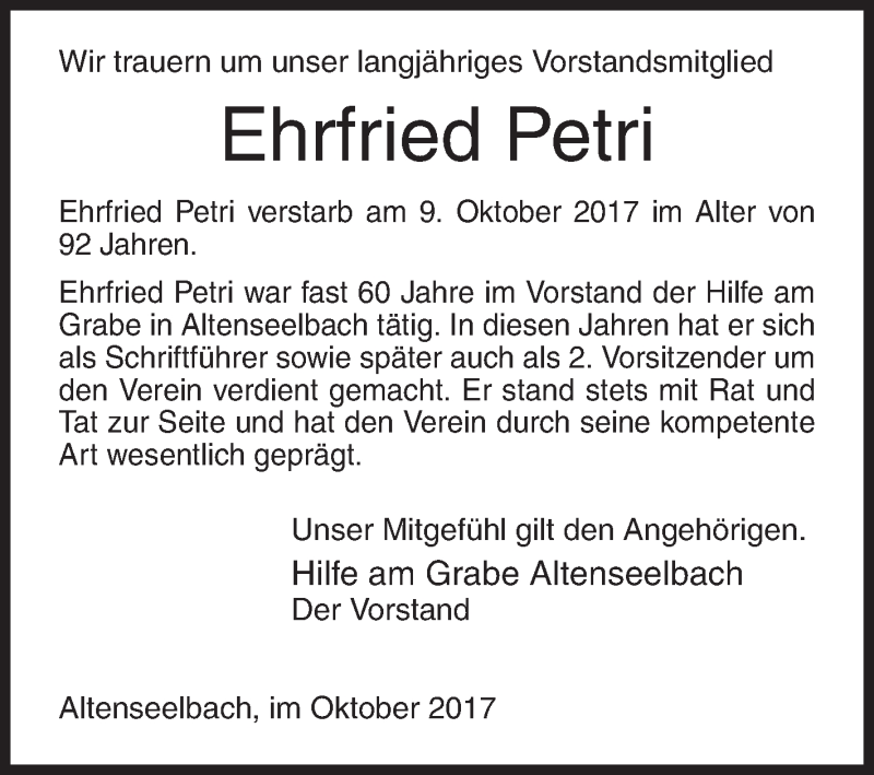  Traueranzeige für Ehrfried Petri vom 18.10.2017 aus Siegener Zeitung