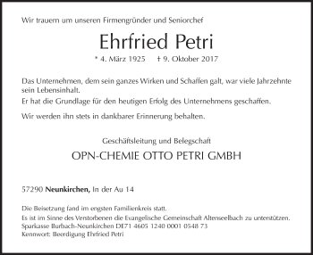 Traueranzeige von Ehrfried Petri von Siegener Zeitung