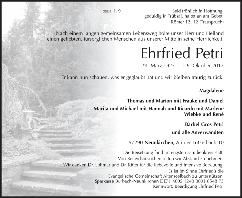  Traueranzeige für Ehrfried Petri vom 14.10.2017 aus Siegener Zeitung