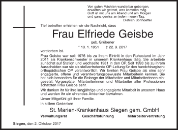 Traueranzeige von Elfriede Geisbe von Siegener Zeitung