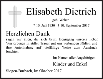 Traueranzeige von Elisabeth Dietrich von Siegener Zeitung