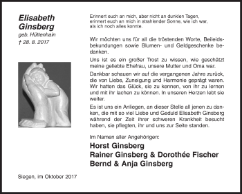 Traueranzeige von Elisabeth Ginsberg von Siegener Zeitung