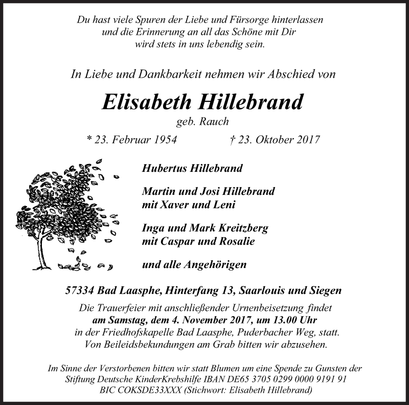  Traueranzeige für Elisabeth Hillebrand vom 26.10.2017 aus Siegener Zeitung