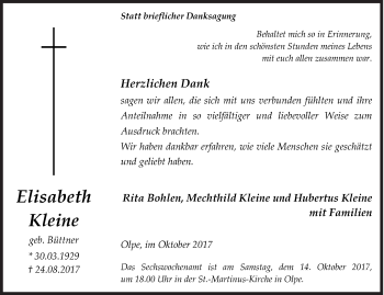 Traueranzeige von Elisabeth Kleine von Siegener Zeitung