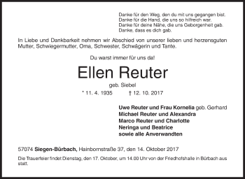 Traueranzeige von Ellen Reuter von Siegener Zeitung