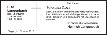 Traueranzeige von Else Langenbach von Siegener Zeitung