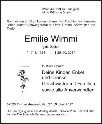 Traueranzeige von Emilie Wimmi von Siegener Zeitung