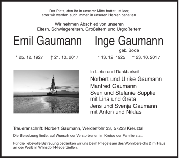 Traueranzeige von Emil und Inge Gaumann von Siegener Zeitung