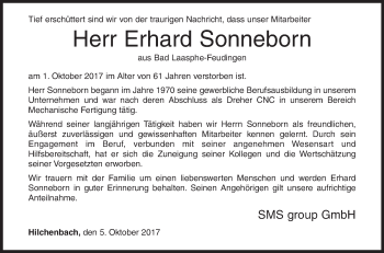 Traueranzeige von Erhard Sonneborn von Siegener Zeitung