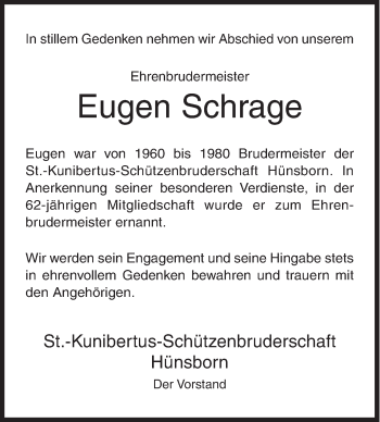 Traueranzeige von Eugen Schrage von Siegener Zeitung