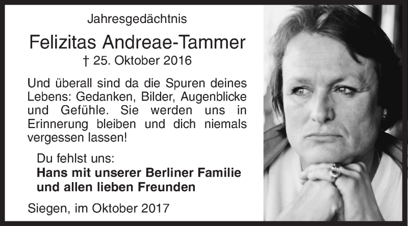  Traueranzeige für Felizitas Andreae-Tammer vom 25.10.2017 aus Siegener Zeitung