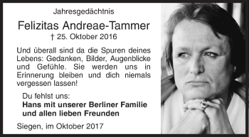Traueranzeige von Felizitas Andreae-Tammer von Siegener Zeitung