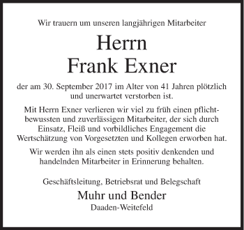 Traueranzeige von Frank Exner von Siegener Zeitung