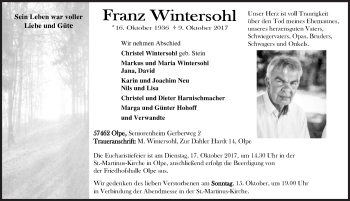 Traueranzeige von Franz Wintersohl von Siegener Zeitung