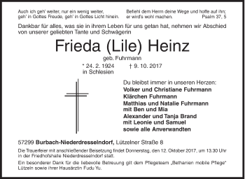 Traueranzeige von Frieda  Heinz von Siegener Zeitung