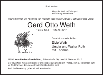 Traueranzeige von Gerd Otto Weth von Siegener Zeitung