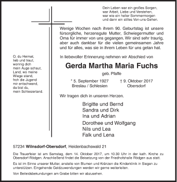 Traueranzeige von Gerda Martha Maria Fuchs von Siegener Zeitung
