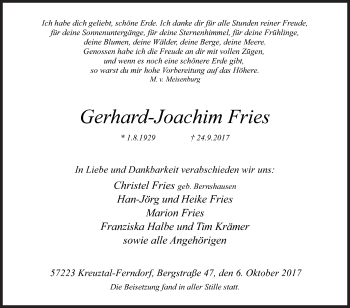 Traueranzeige von Gerhard-Joachim Fries von Siegener Zeitung