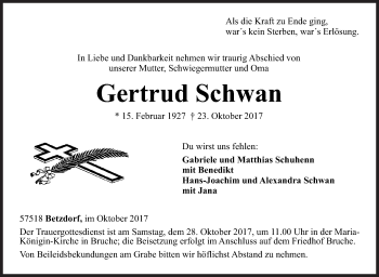 Traueranzeige von Gertrud Schwan von Siegener Zeitung