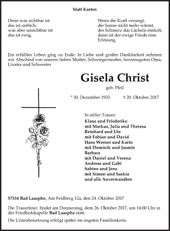 Traueranzeige von Gisela Christ von Siegener Zeitung