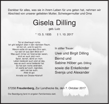 Traueranzeige von Gisela Dilling von Siegener Zeitung
