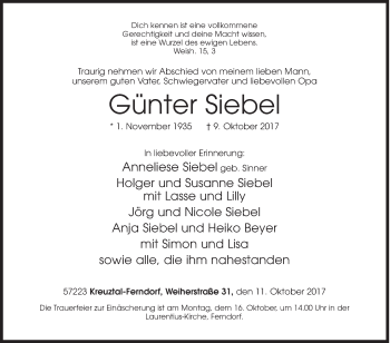 Traueranzeige von Günter Siebel von Siegener Zeitung