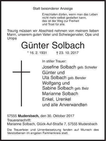 Traueranzeige von Günter Solbach von Siegener Zeitung