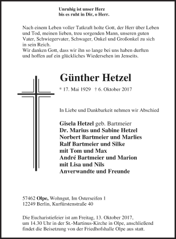 Traueranzeige von Günther Hetzel von Siegener Zeitung