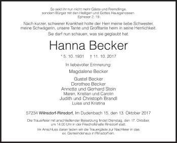 Traueranzeige von Hanna Becker von Siegener Zeitung