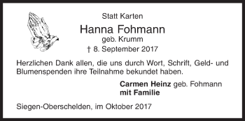 Traueranzeige von Hanna Fohmann von Siegener Zeitung