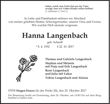 Traueranzeige von Hanna Langenbach von Siegener Zeitung