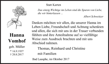 Traueranzeige von Hanna Vomhof von Siegener Zeitung