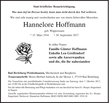 Traueranzeige von Hannelore Hoffmann von Siegener Zeitung