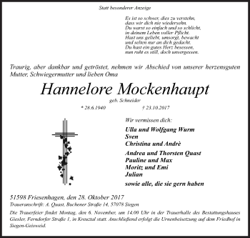 Traueranzeige von Hannelore Mockenhaupt von Siegener Zeitung