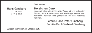 Traueranzeige von Hans Ginsberg von Siegener Zeitung