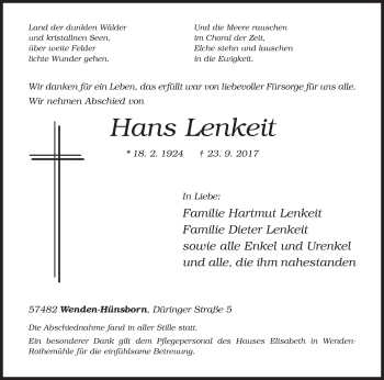 Traueranzeige von Hans Lenkeit von Siegener Zeitung