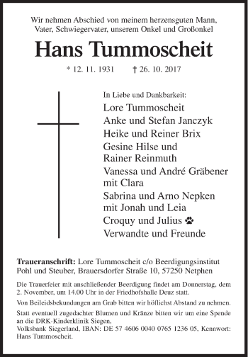 Traueranzeige von Hans Tummoscheit von Siegener Zeitung
