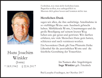 Traueranzeige von Hans Joachim Winkler von Siegener Zeitung