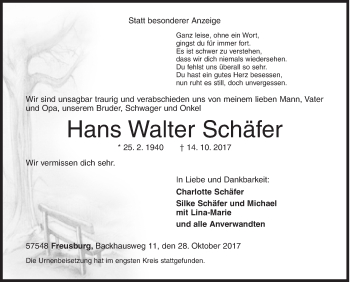 Traueranzeige von Hans Walter Schäfer von Siegener Zeitung