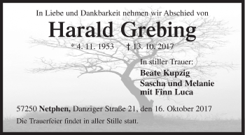 Traueranzeige von Harald Grebing von Siegener Zeitung