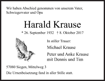 Traueranzeige von Harald Krause von Siegener Zeitung