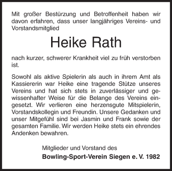 Traueranzeige von Heike Rath von Siegener Zeitung