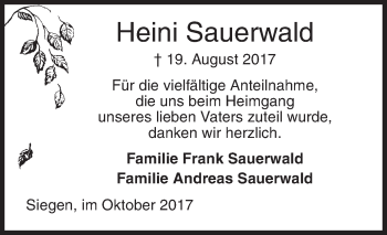 Traueranzeige von Heini Sauerwald von Siegener Zeitung