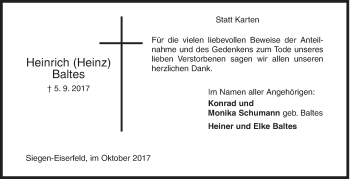 Traueranzeige von Heinrich  Baltes von Siegener Zeitung