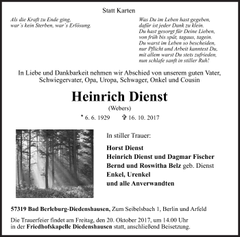 Traueranzeige von Heinrich Dienst von Siegener Zeitung